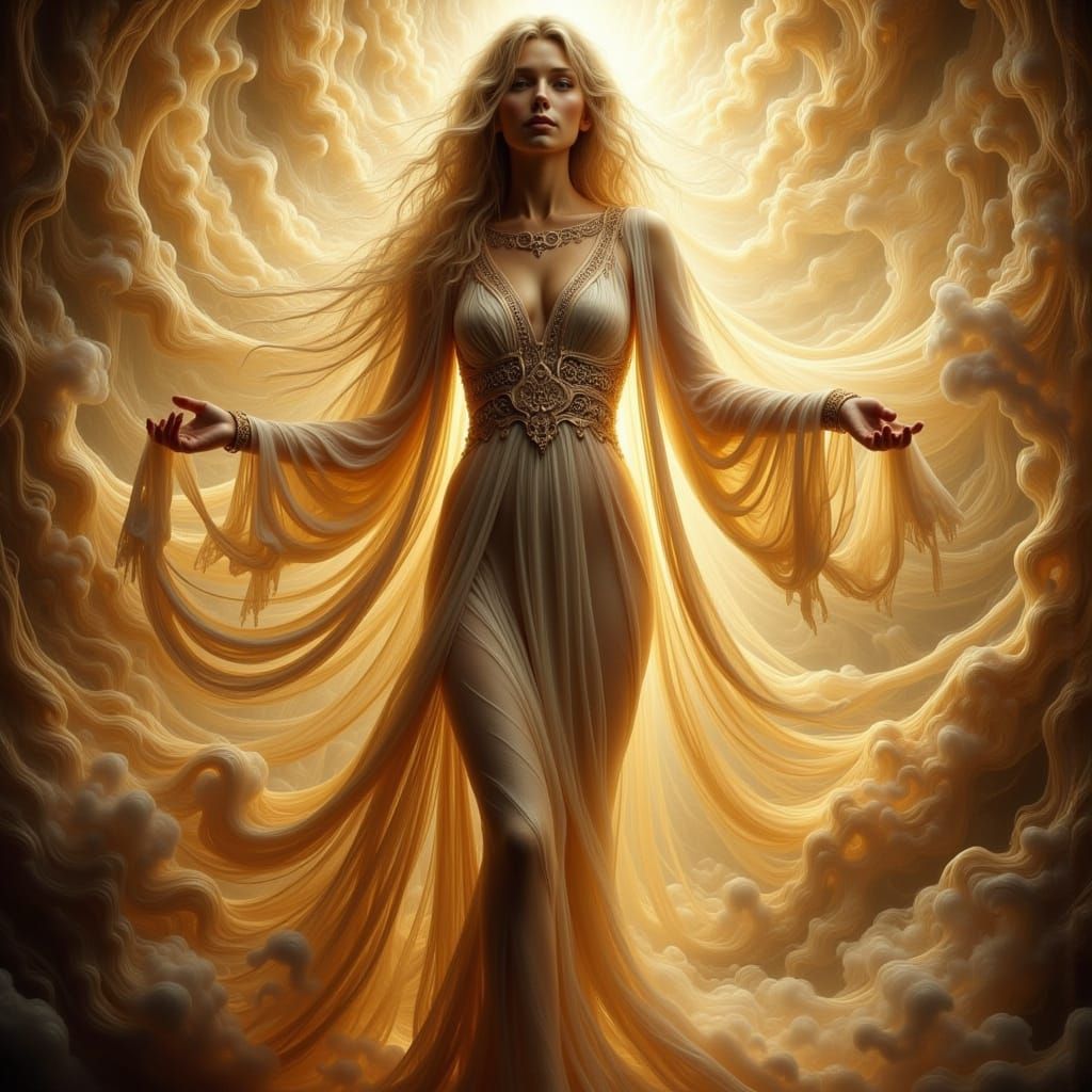 Ethereal Woman in Golden Light, Art Nouveau Style