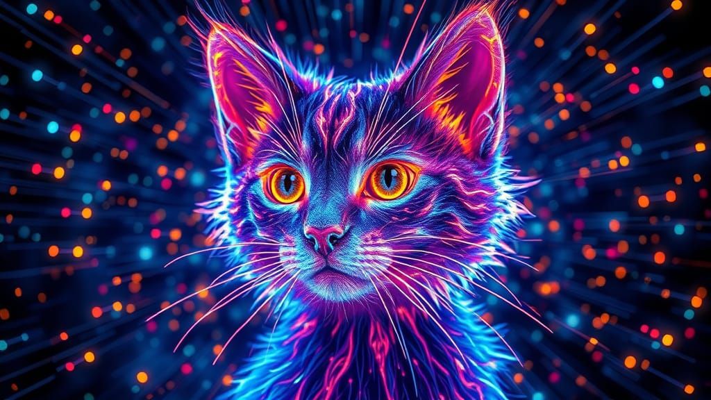 Bioluminescent Fiber-Optic Kitten Face in Cosmic Matrix Disp...