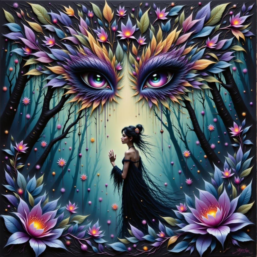 Mystical Woman in Twilight Realm Watercolor and Ink Art