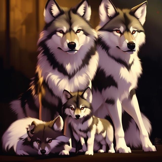 Adorable Chibi Wolf Family in Ghibli Style