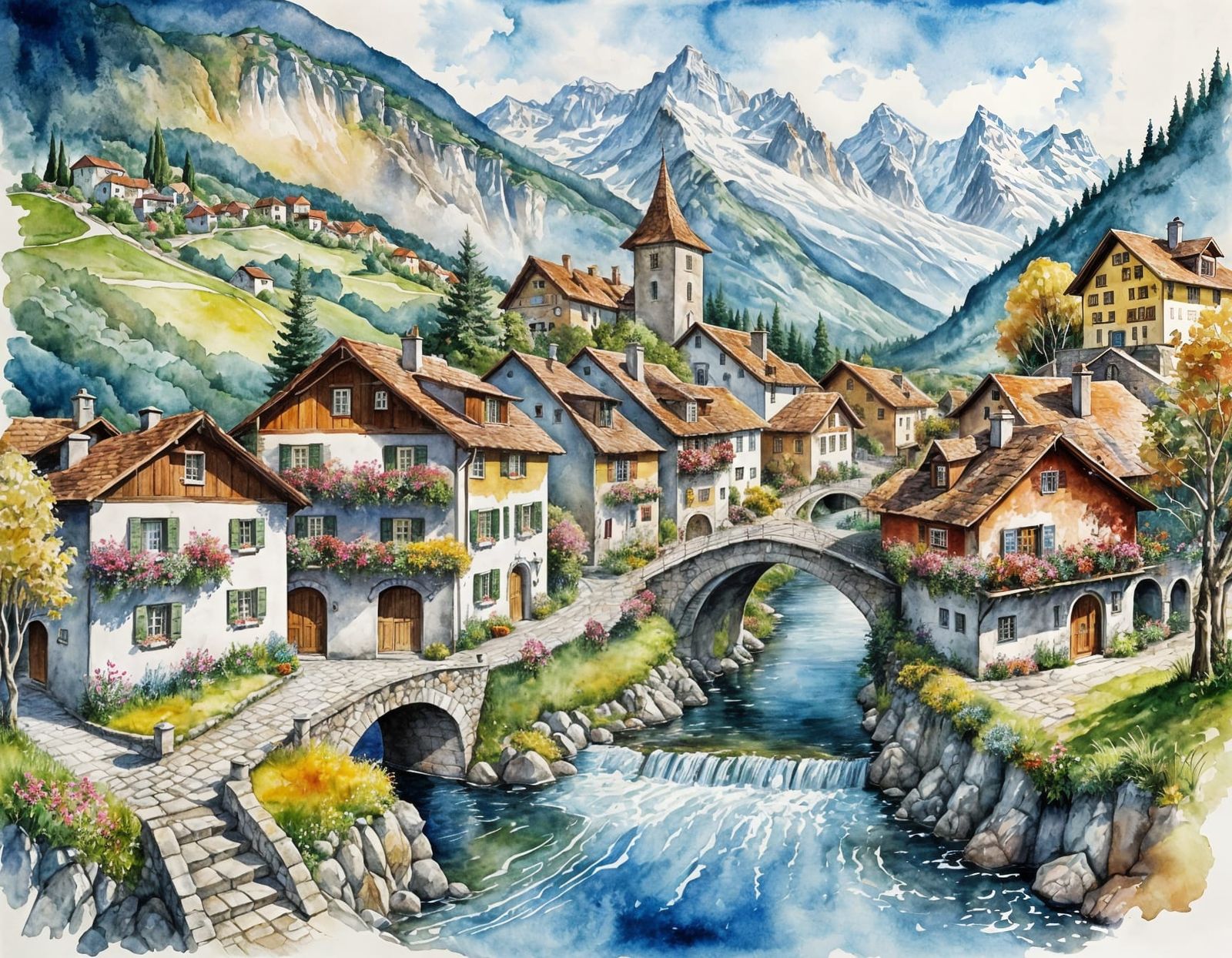 Idyllic Swiss Village: Watercolor Dreamscape