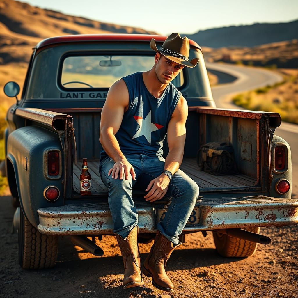 Rugged Cowboy at Sunset, Blue Captain America Tee