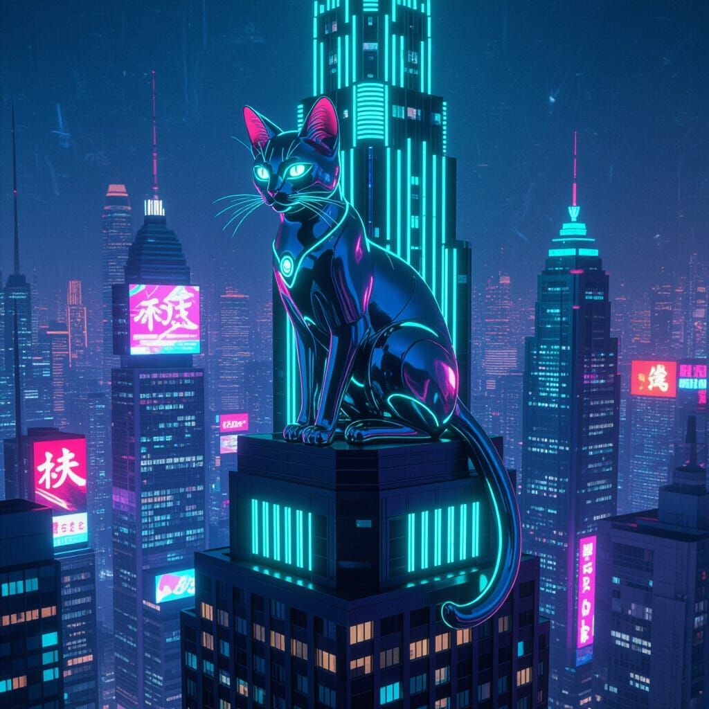 Chrome Cat Perched Atop Cyberpunk Skyscraper