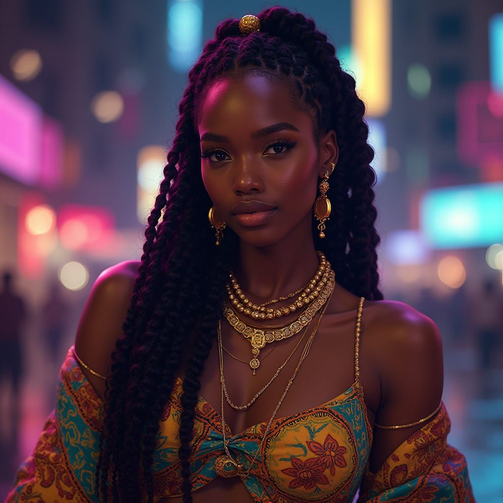 Afrofuturist Portrait of Radiant Black Woman with Gold Adorn...