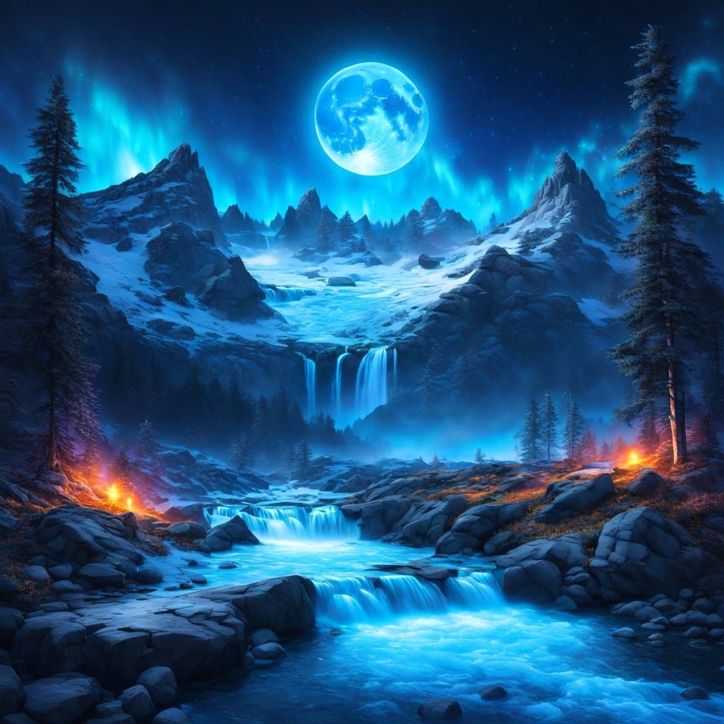 a night-time alpine glacier landscape with glowing neon blue...