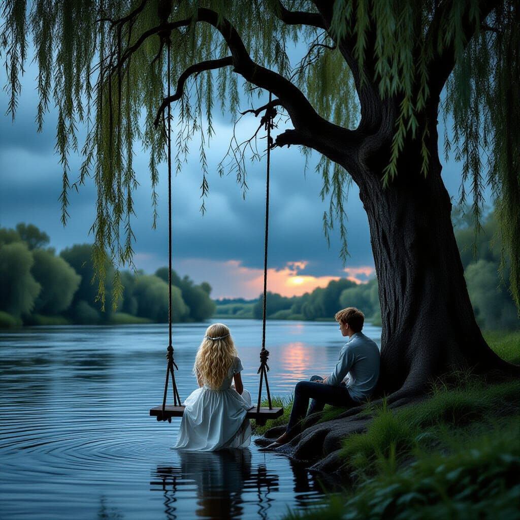 Mournful Willow Tree Scene with Young Couple