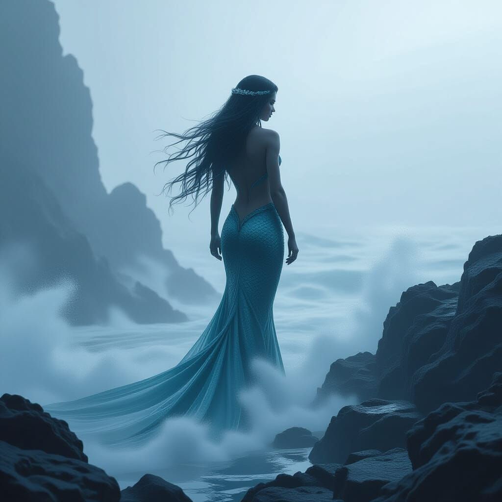 Ethereal Mist Mermaid on Foggy Coast: Digital Art