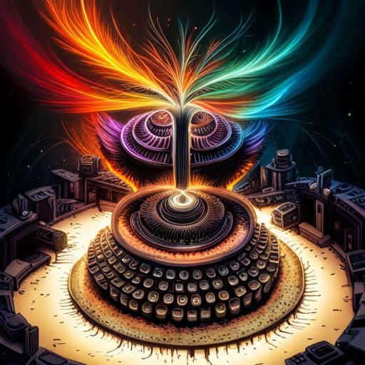 Cyberpunk Typewriter Explosion: Digital Art Masterpiece