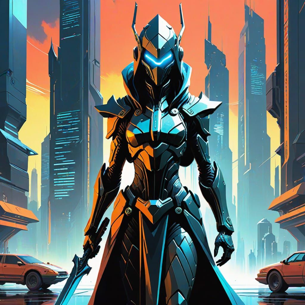 Cyberpunk Lotus Stands Heroically in Futuristic Cityscape