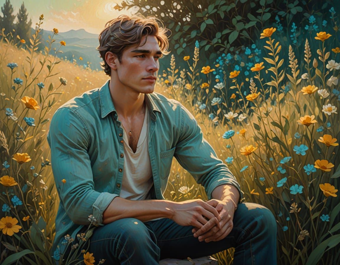 Impressionist Oil Painting of Man in Wildflowers