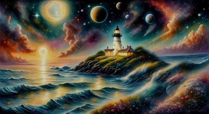 Surreal Moonlit Lighthouse Scene with Vibrant Florals and Co...