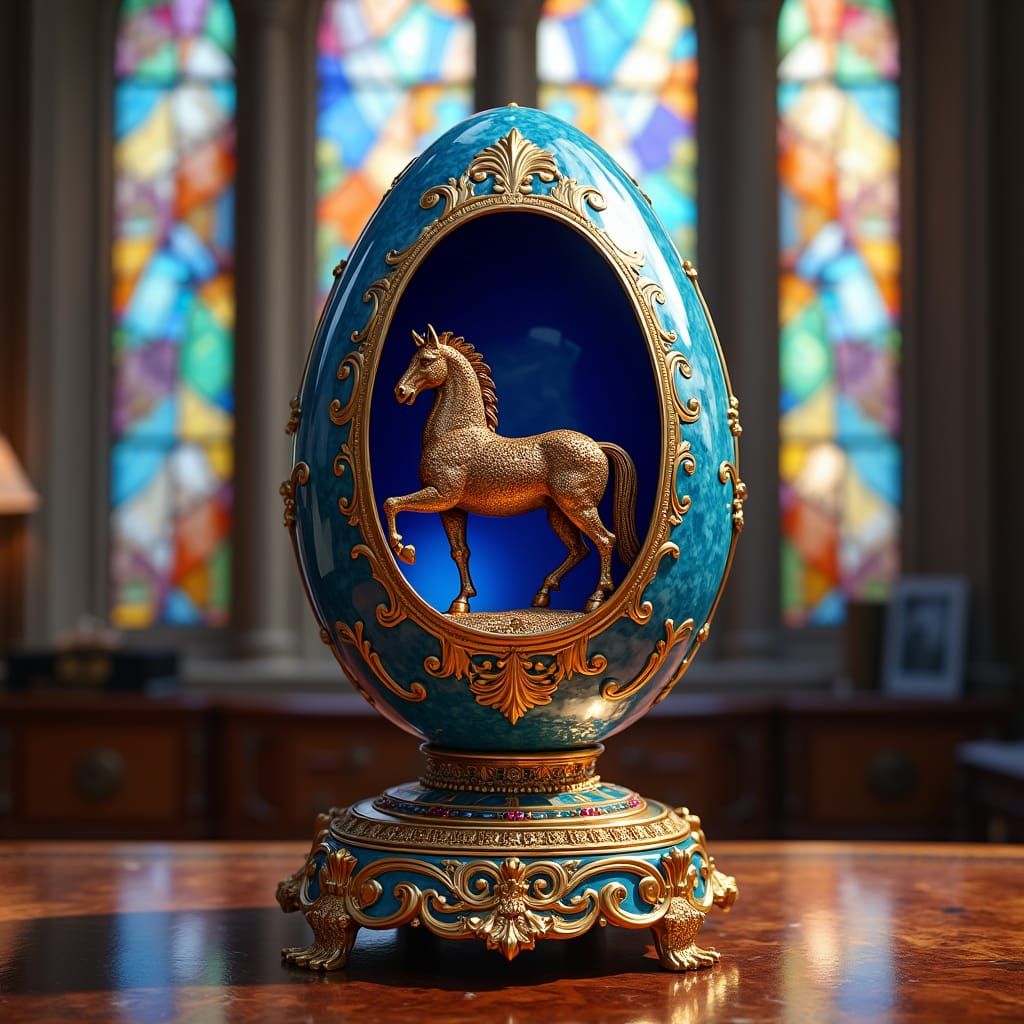 Faberge-Style Egg with Majestic Sapphire Blue and Coppery Ho...