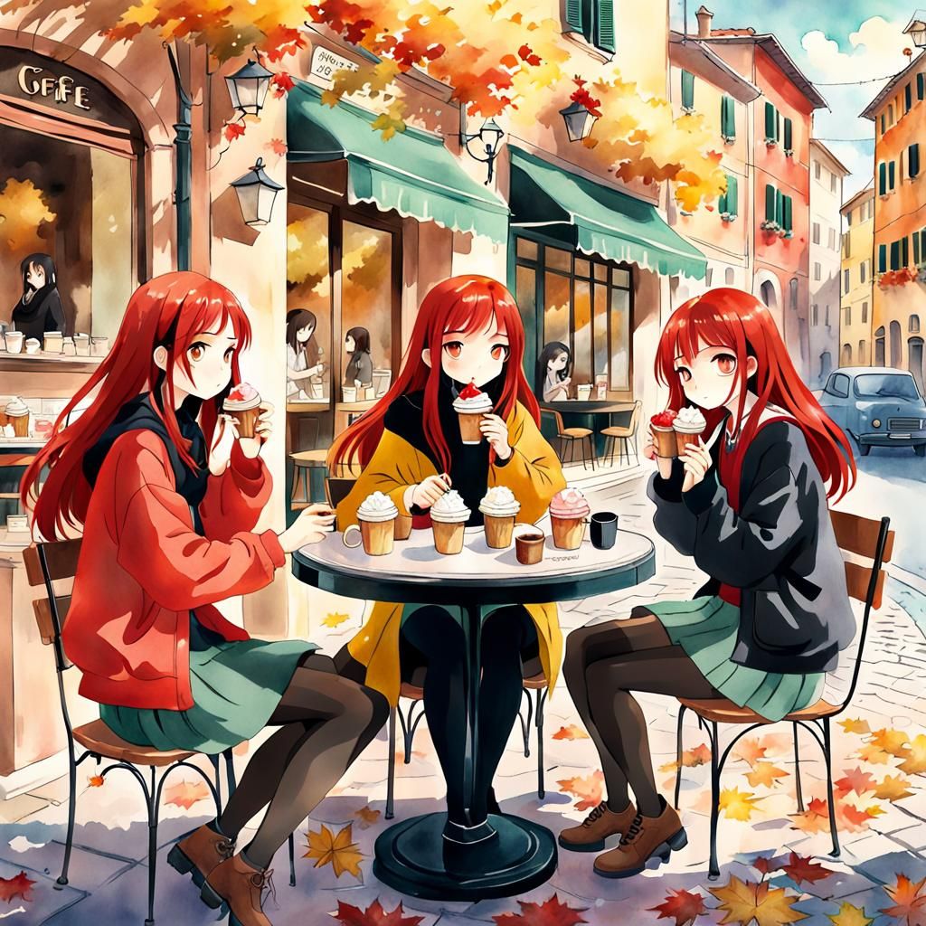 Anime Girls Enjoying Ice Cream in Autumn