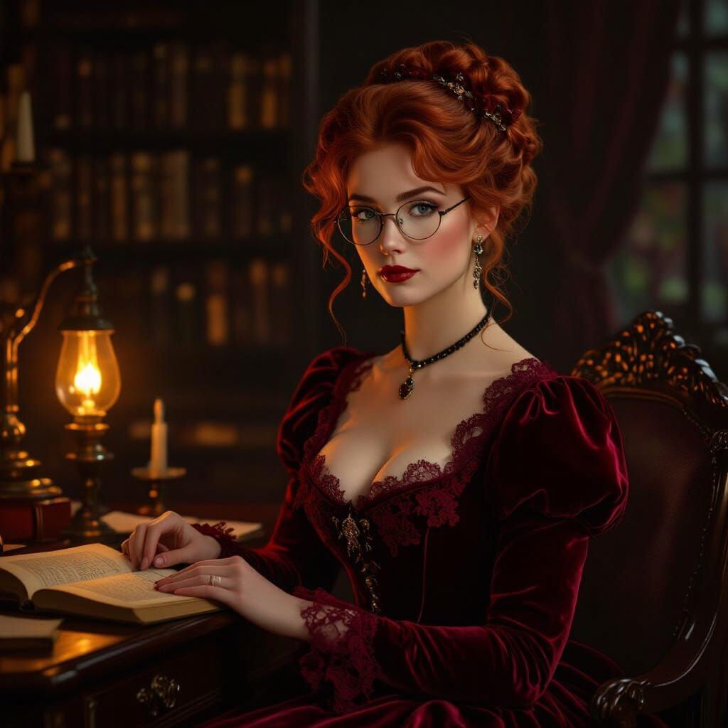 Victorian Lady Reading in Gaslit Office