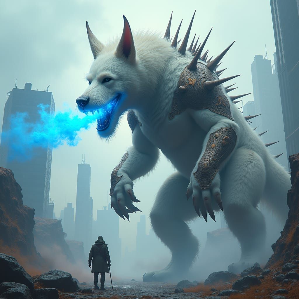 Armored Westie Exhaling Blue Fire in Dystopian City