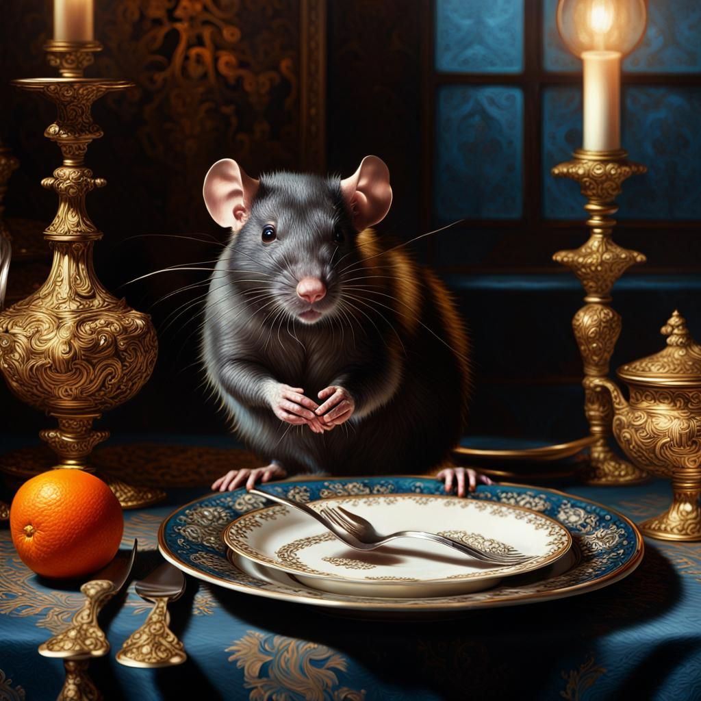 Black Rat's Baroque Feast: An Oil Painting