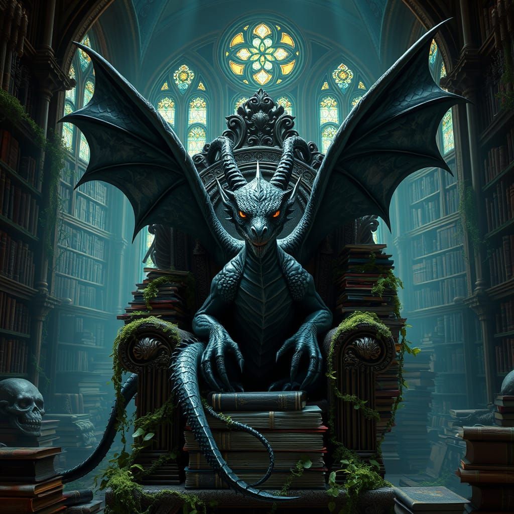 Regal Dark Fantasy Dragon in a Mystical Library