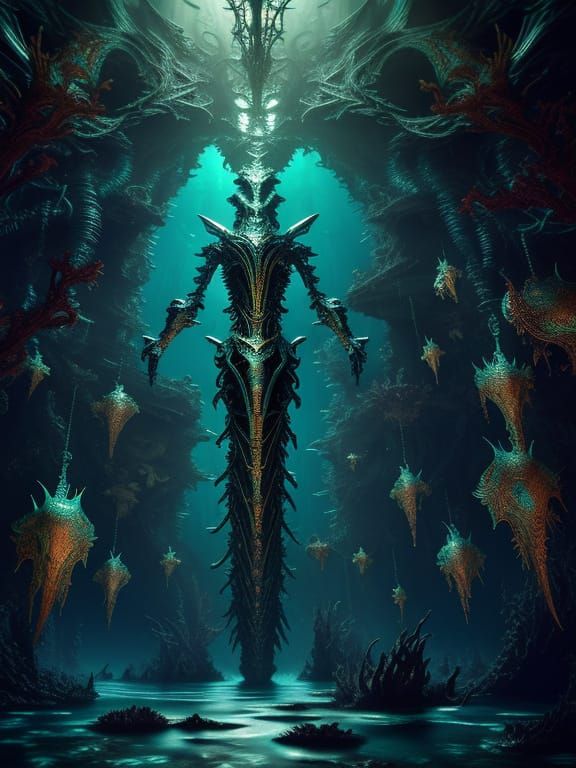 Dreamlike Underwater Realm with Biomechanical Mermaids