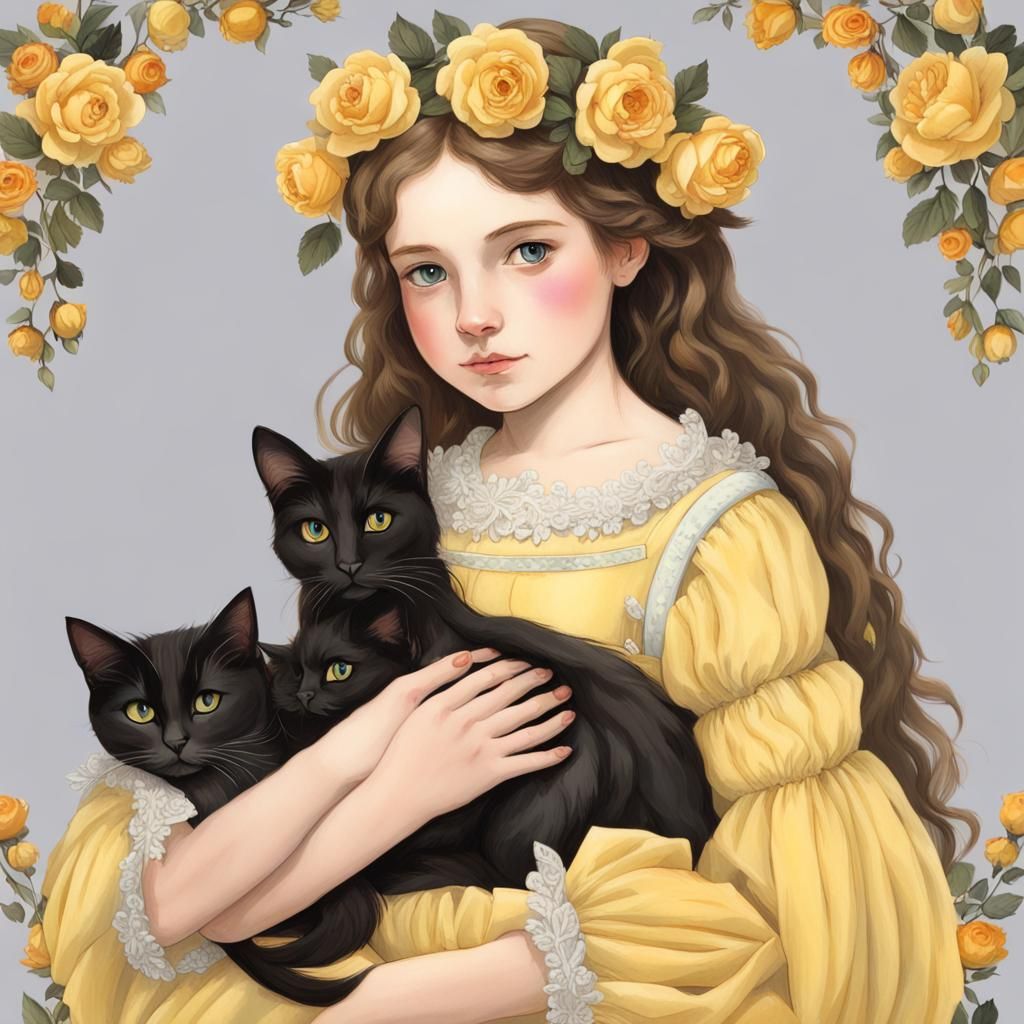 Girl in Baroque Dress Holding Cats