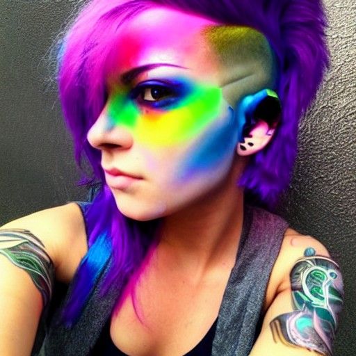 Cyberpunk Girl Selfie with Rainbow Hair