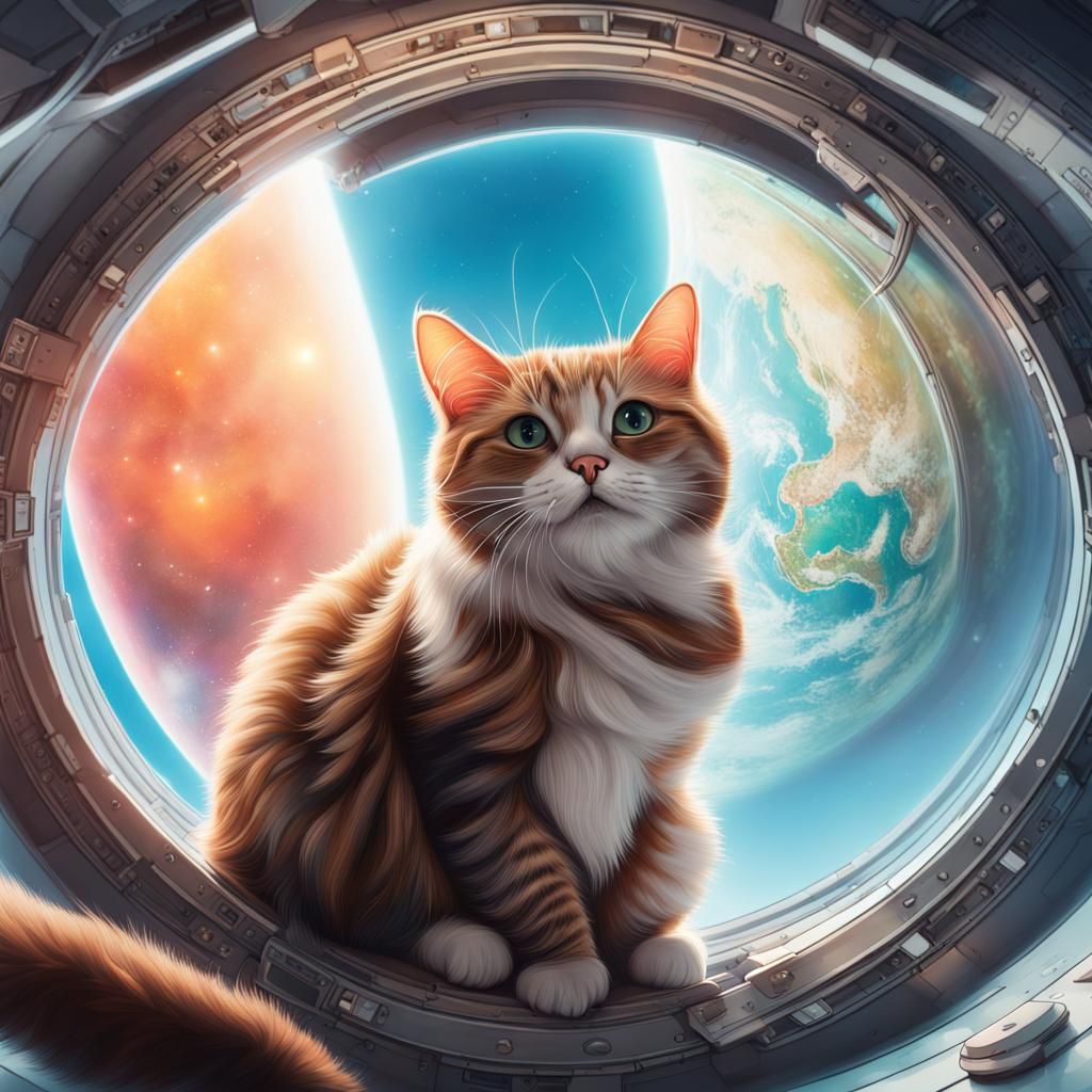 Confused Cat in Spaceship, Hyperrealistic Art