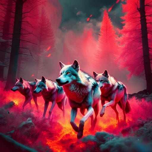 Infrared Wolves Blaze Through Forest Fire