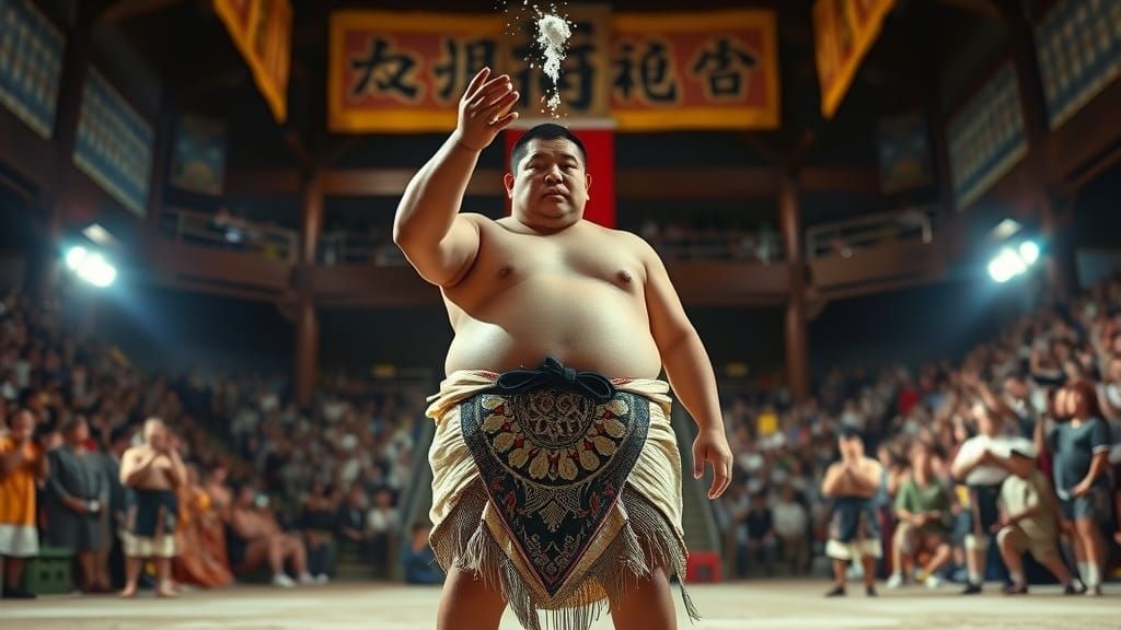 Sumo Wrestler's Ceremonial Cleansing Ritual in Dramatic Ligh...