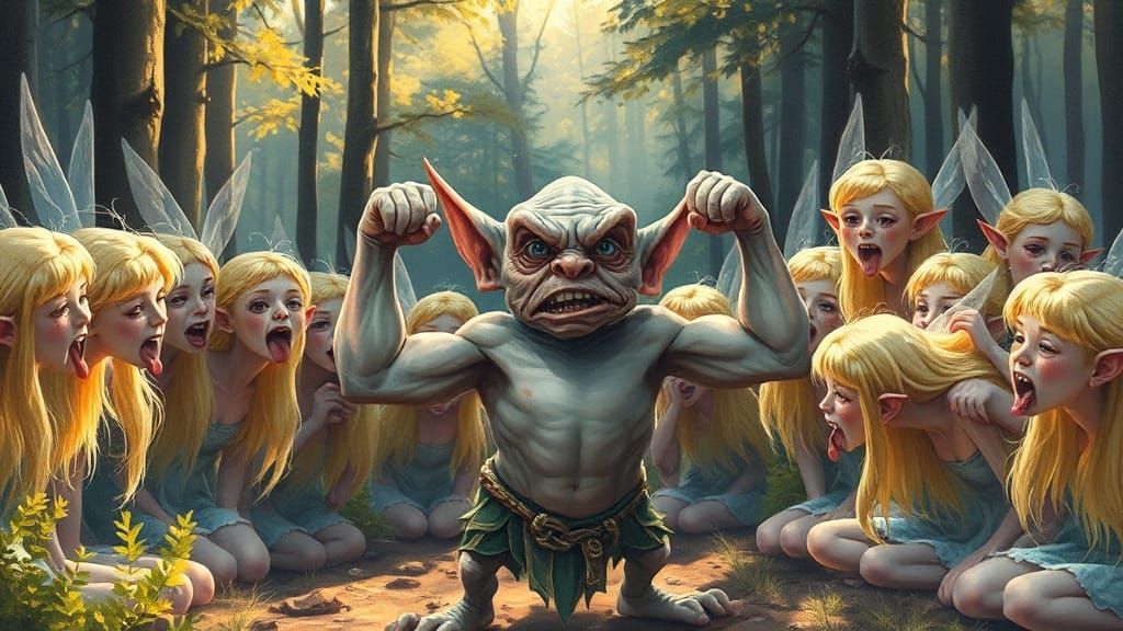 Grumpy Goblin Flexes Muscles for Fairies in Gouache Style