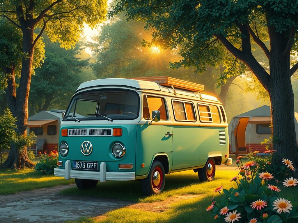 Vintage VW Camper at Sunny Camping Park, Digital Art