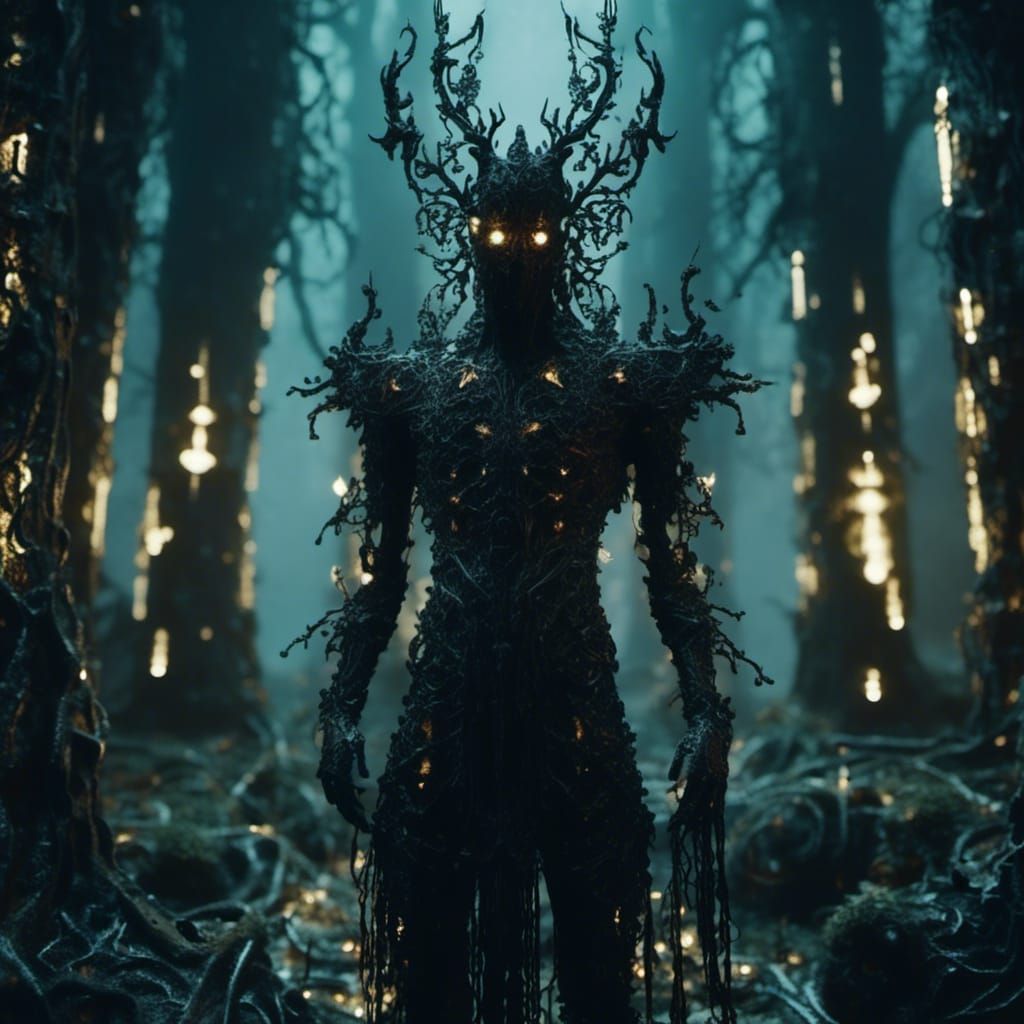 Soldier in Alien Forest with Glowing Runes