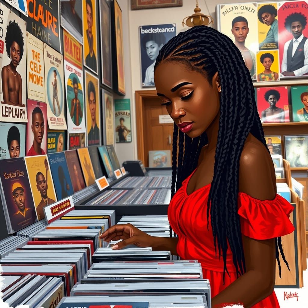 Woman in Red Dress Browsing Music, Contemporary Portrait