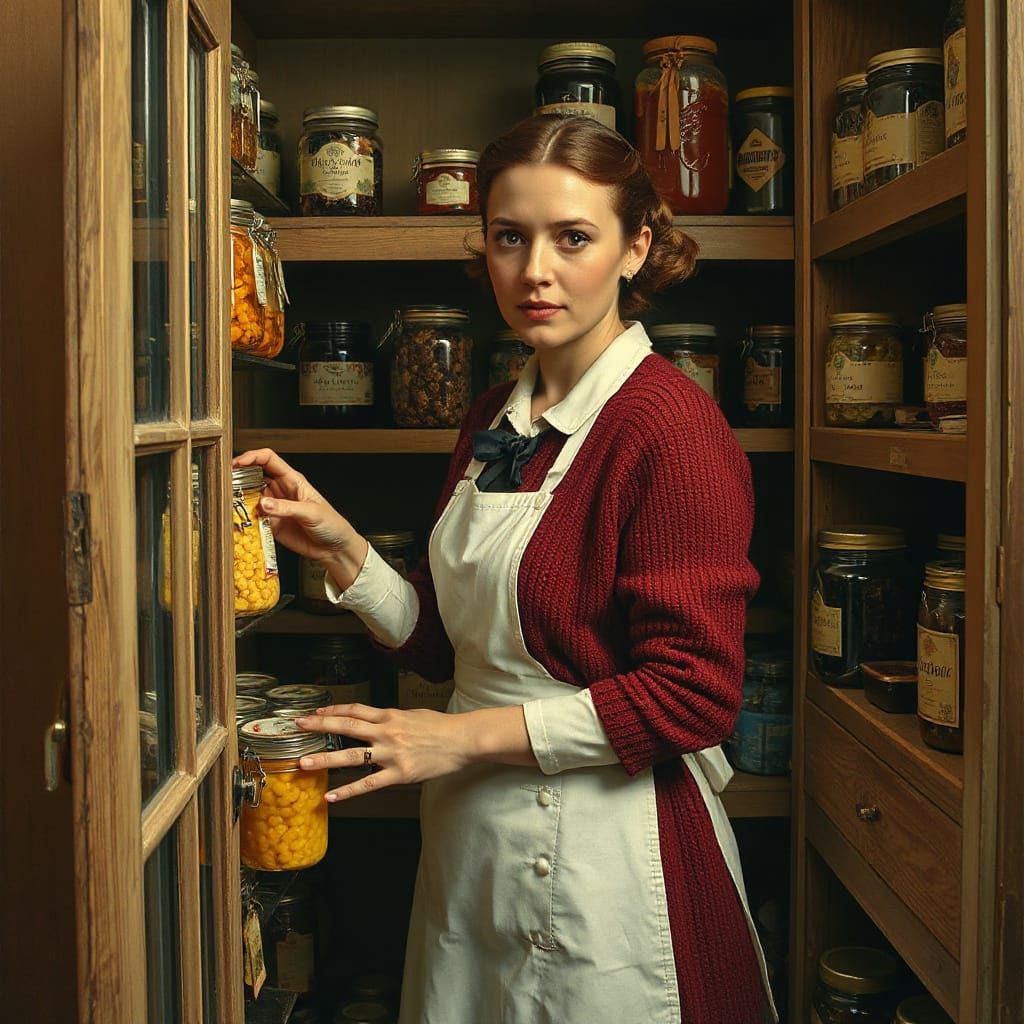 1950s Housewife Organizes Pantry in Hyperrealistic Style