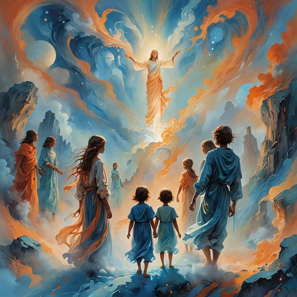 Dreamlike Children of Gods in Surrealist Landscape