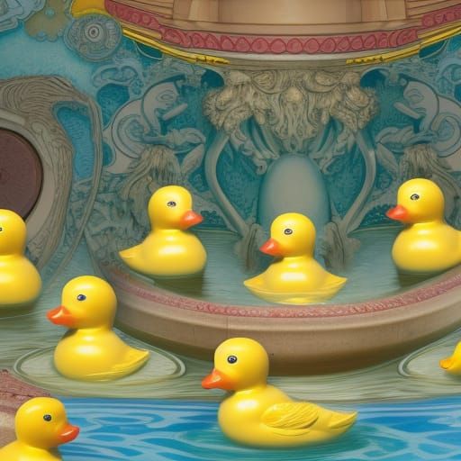 Rubber Ducks Bathing in Rococo Fountain