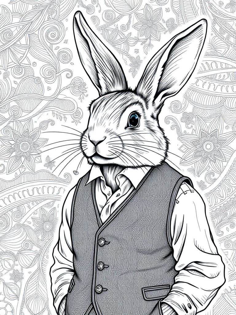 Rabbit in Waistcoat: Detailed Line Art Illustration