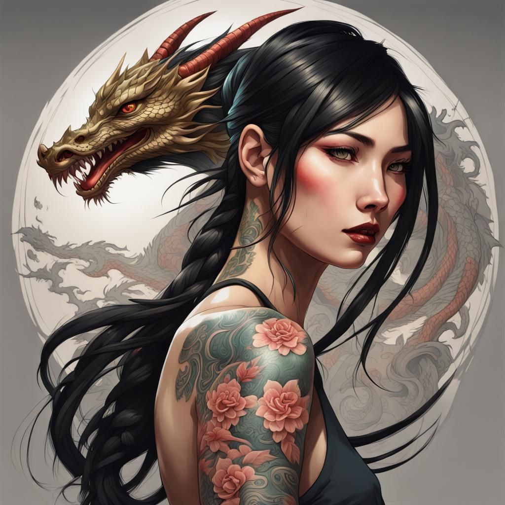 Tattooed Woman in Japanese Village, Hyperdetailed Art