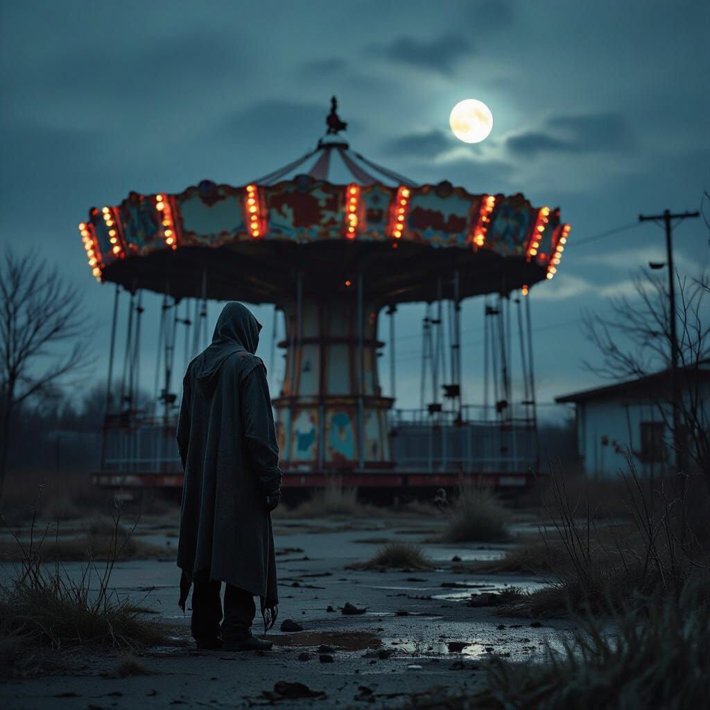 Melancholic Silhouette at Decaying Carnival in Cinematic Sty...