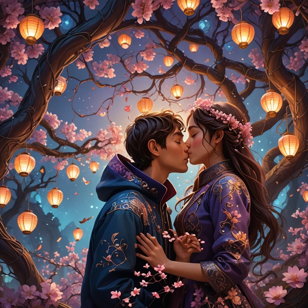 Kissing Under Blossoming Tree in Art Nouveau Style