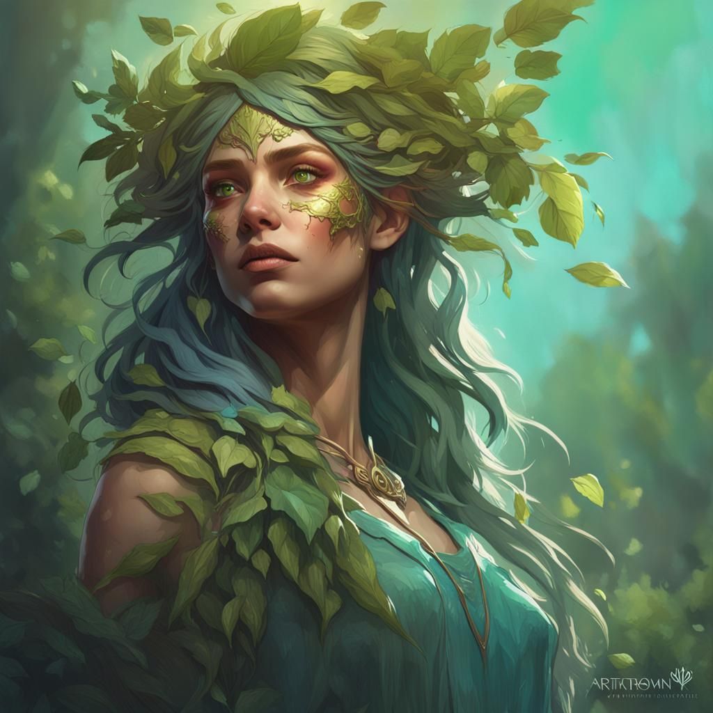 Detailed Dryad Portrait in Art Nouveau Style