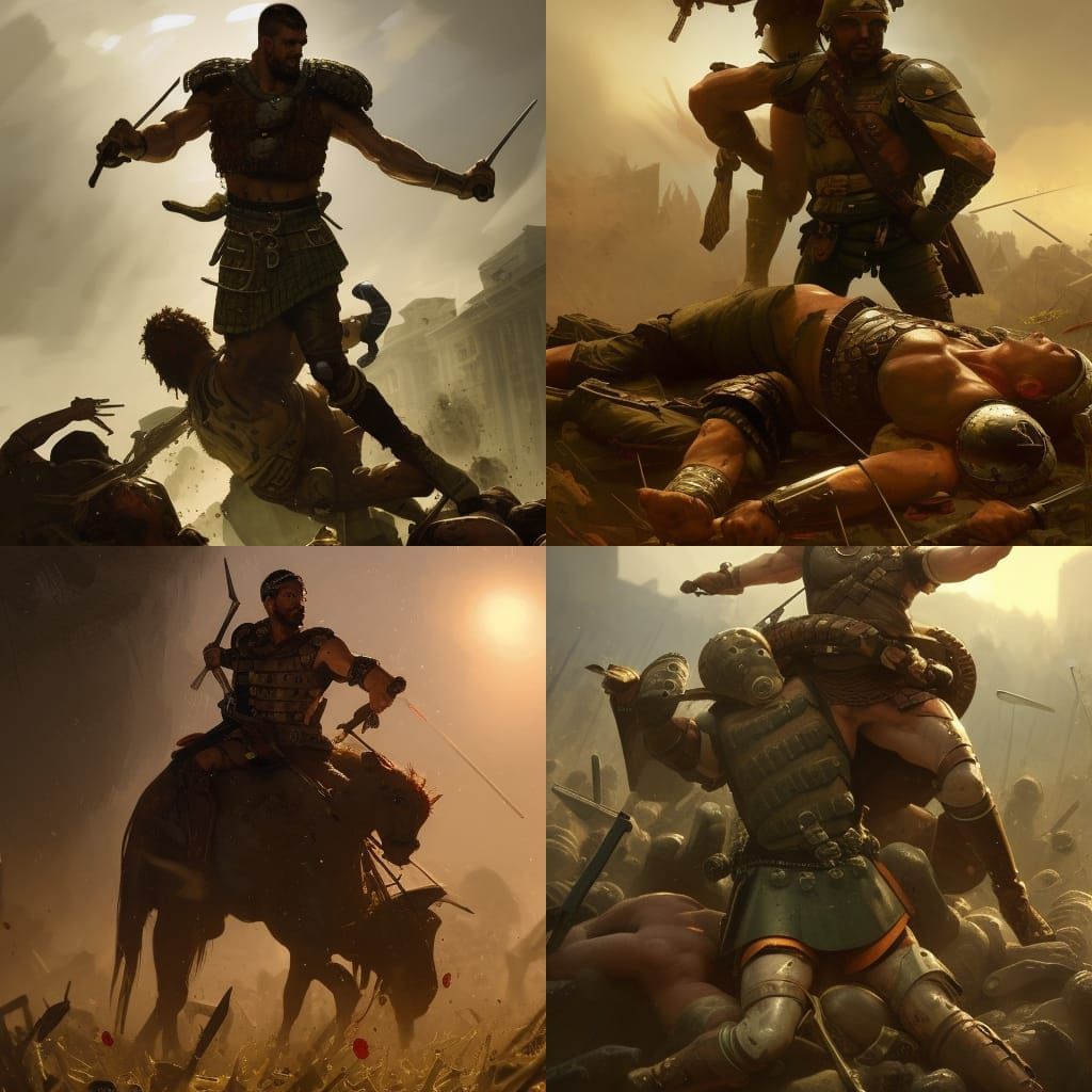 Celtic Warrior Over Fallen Roman, Detailed Portrait