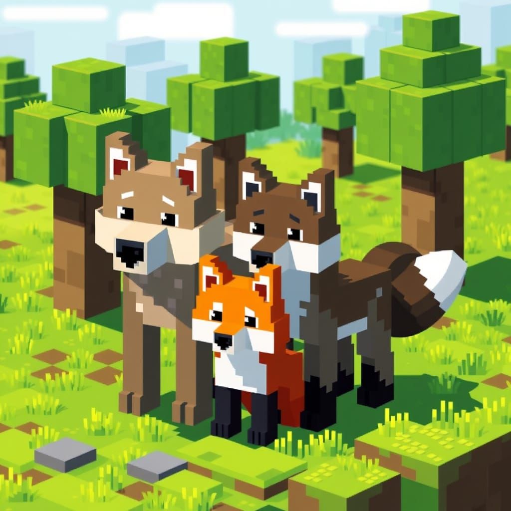 Pixelated Wolf and Fox in Vibrant Minecraft Landscape