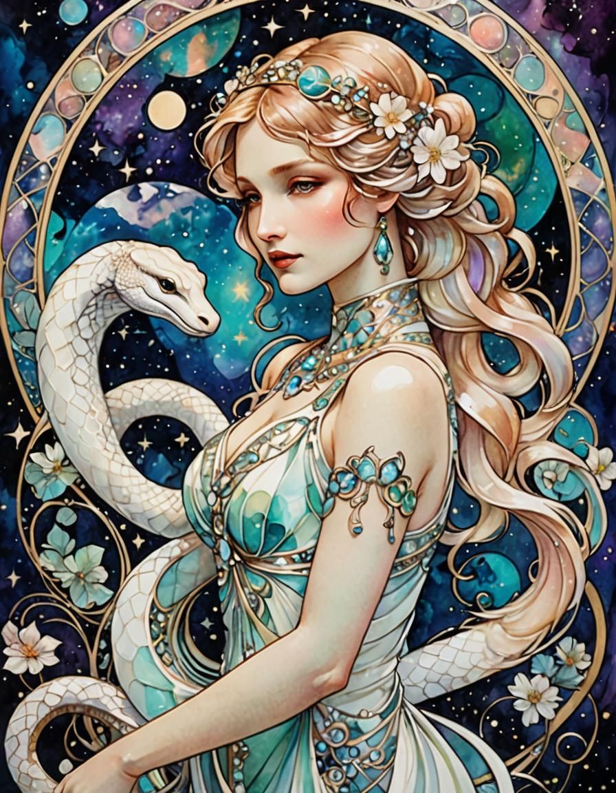 Galactic Snake in Art Deco Alcohol Ink Style