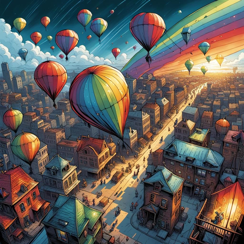 Rainbow Kites City: Comic Book Art Illustration