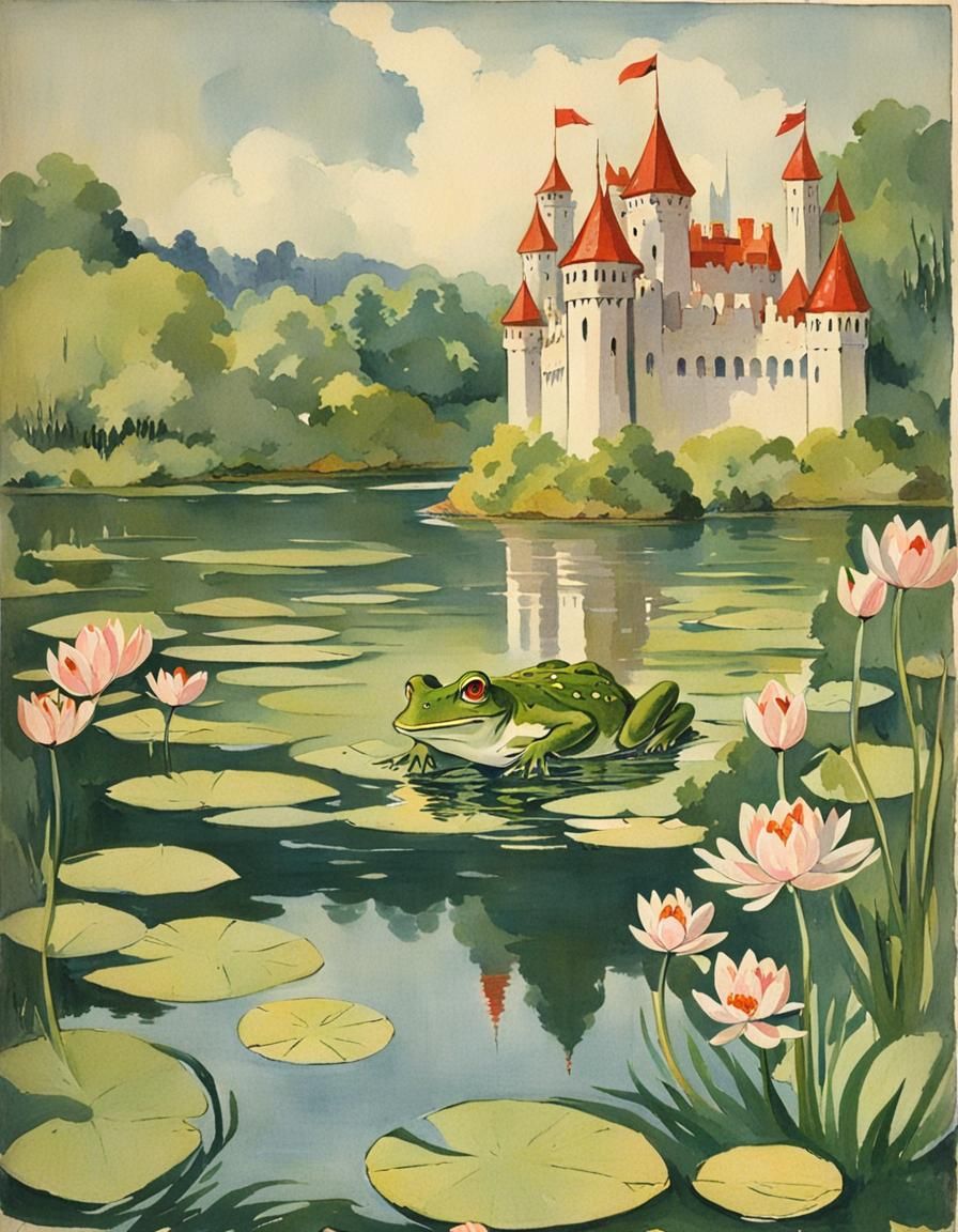1920s children's book, the Frog Prince entering his waterlily castle