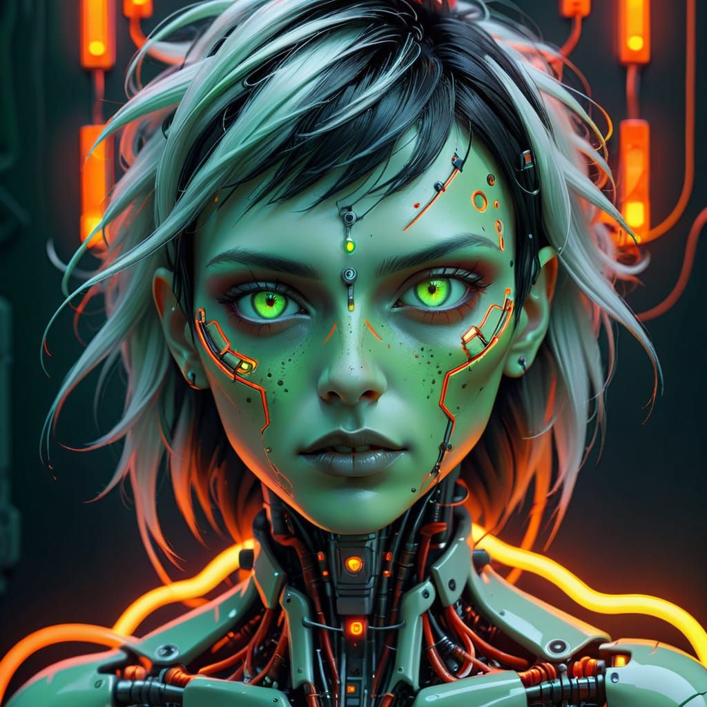 Androgynous Cyberpunk Figure with Piercing Red Eyes