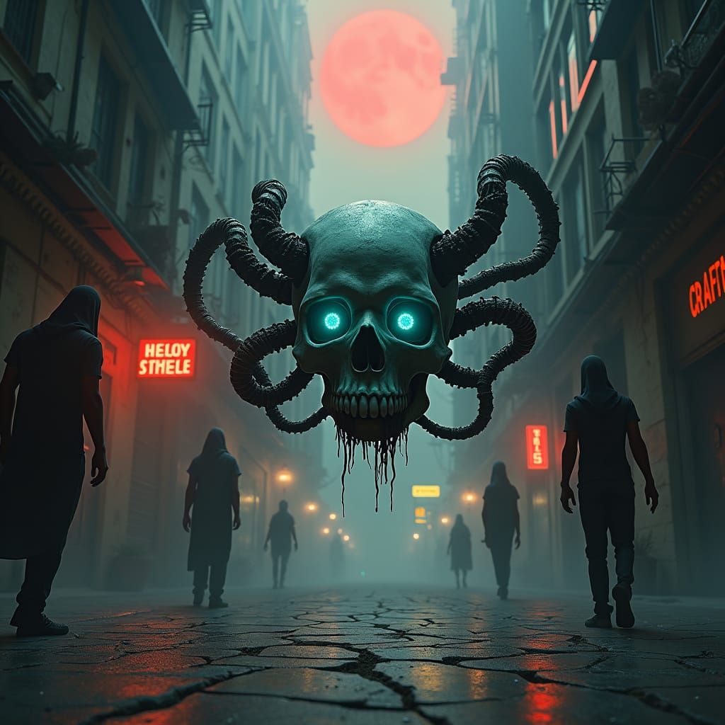 Cursed Cybernetic Skull in Dystopian Alleyway