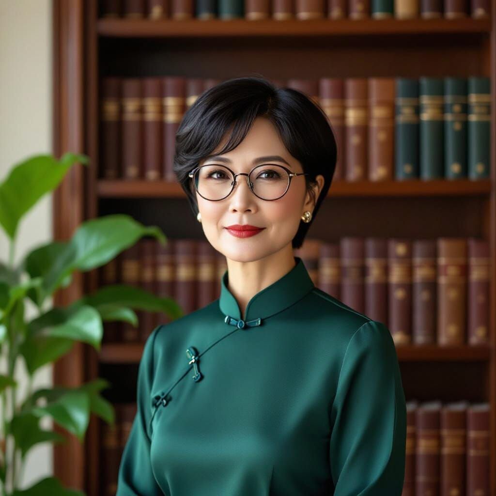 Elegant Chinese Lady with Bookshelf