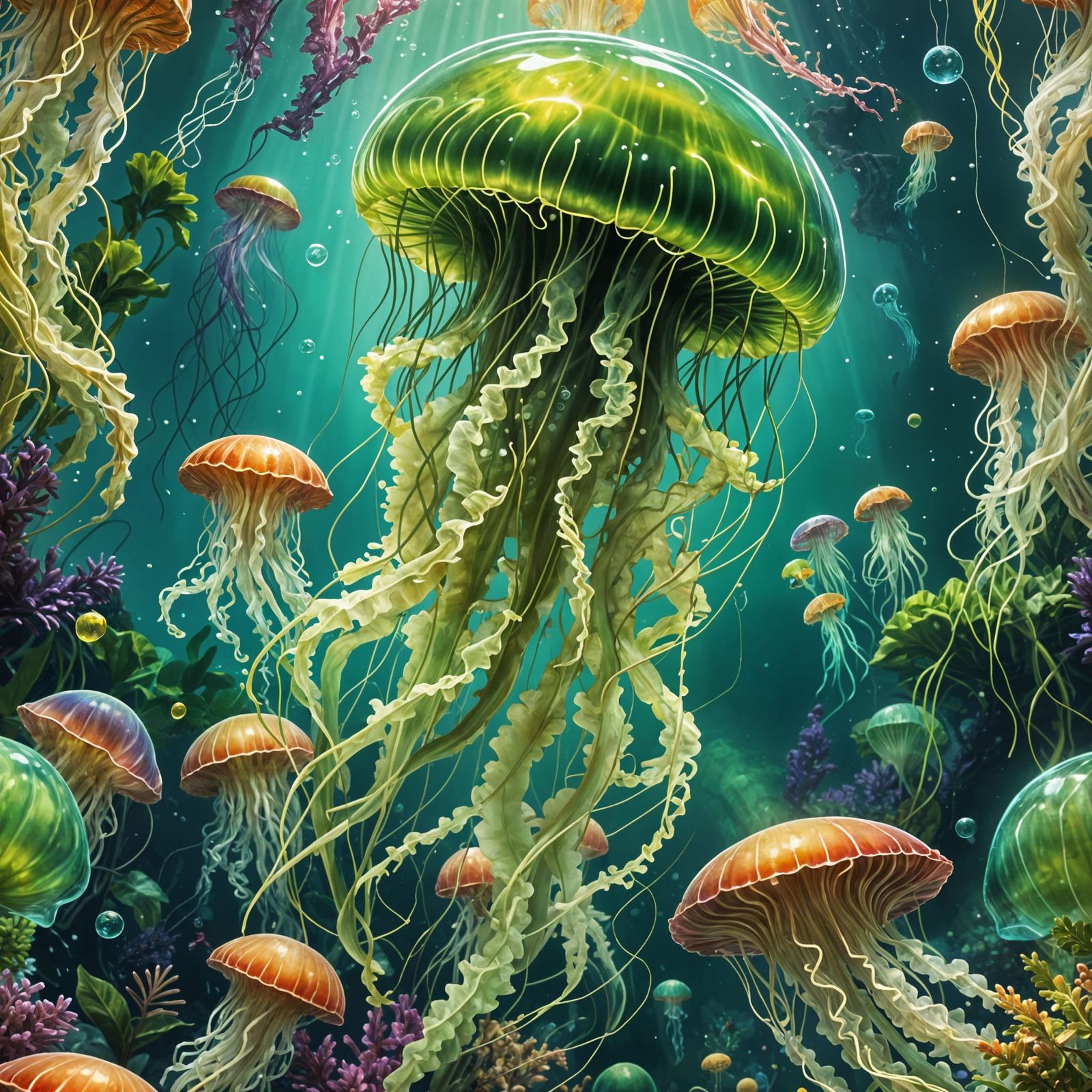 Glowing Green Jellyfish in a Colorful Underwater Scene