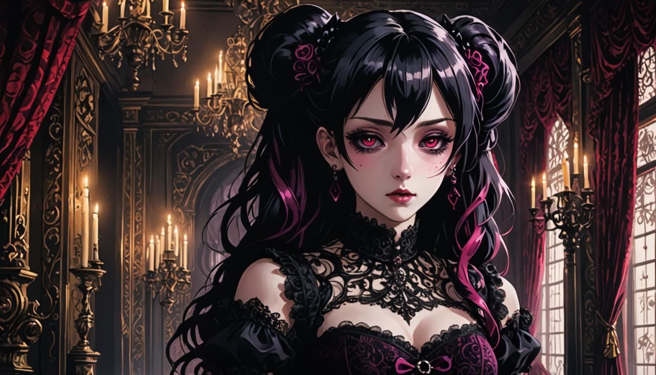Gothic Anime Girl with Spiral Hair, Cel-Shaded Style