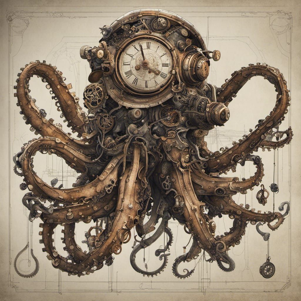 Giant Mechanical Octopus in Clockpunk Style